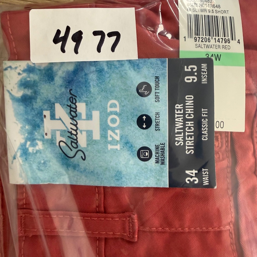 IZOD Chino Shorts Men 34 Red Saltwater Stretch Classic Fit 9.5 Inseam *READ* - Picture 10 of 10